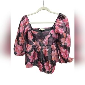 Thirty Thirty Babydoll Blouse Top Puff Sleeves Lined Size M Pink Floral